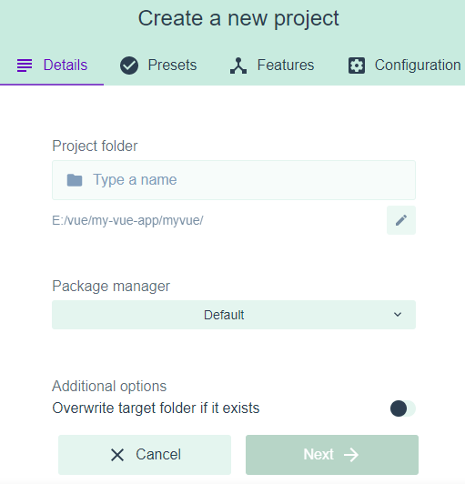 Create Project Form in Vue Graphical User Interface