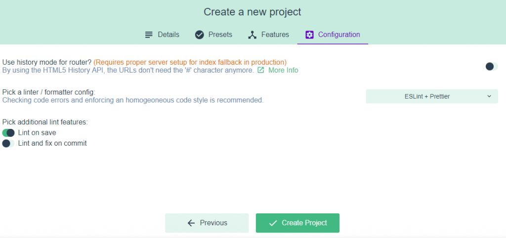Project Creation Final Step in VueJS UI