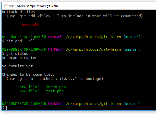 add all file to git staging area and check status