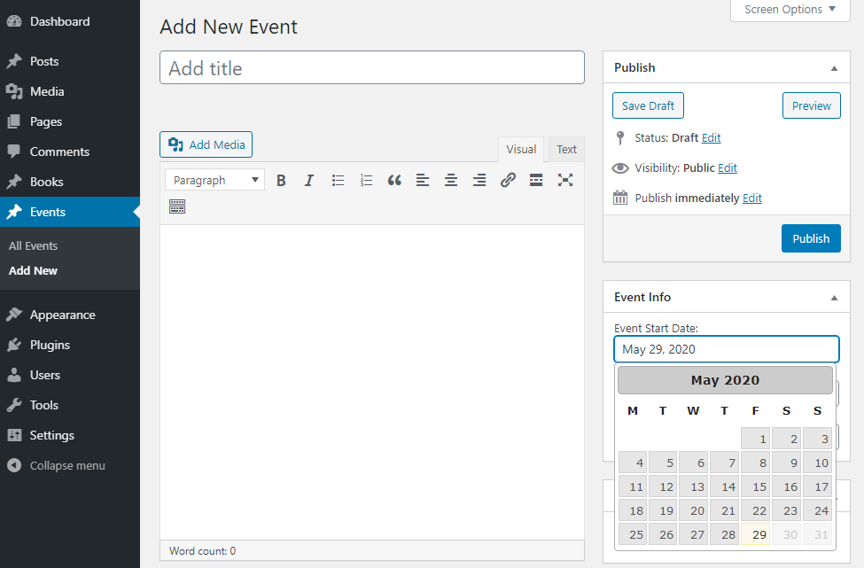 WordPress Upcoming Evenets Plugin Example with Custom Metabox